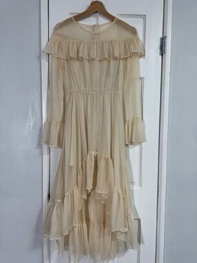 Sheer Ruffle Midi Dress in Cream size (XS-S)